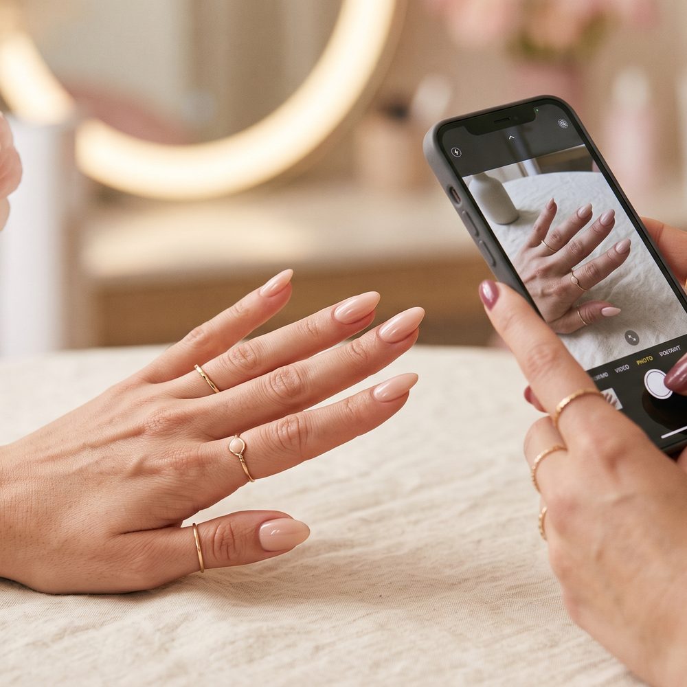 Manicurista fotografiando un trabajo terminado con su celular